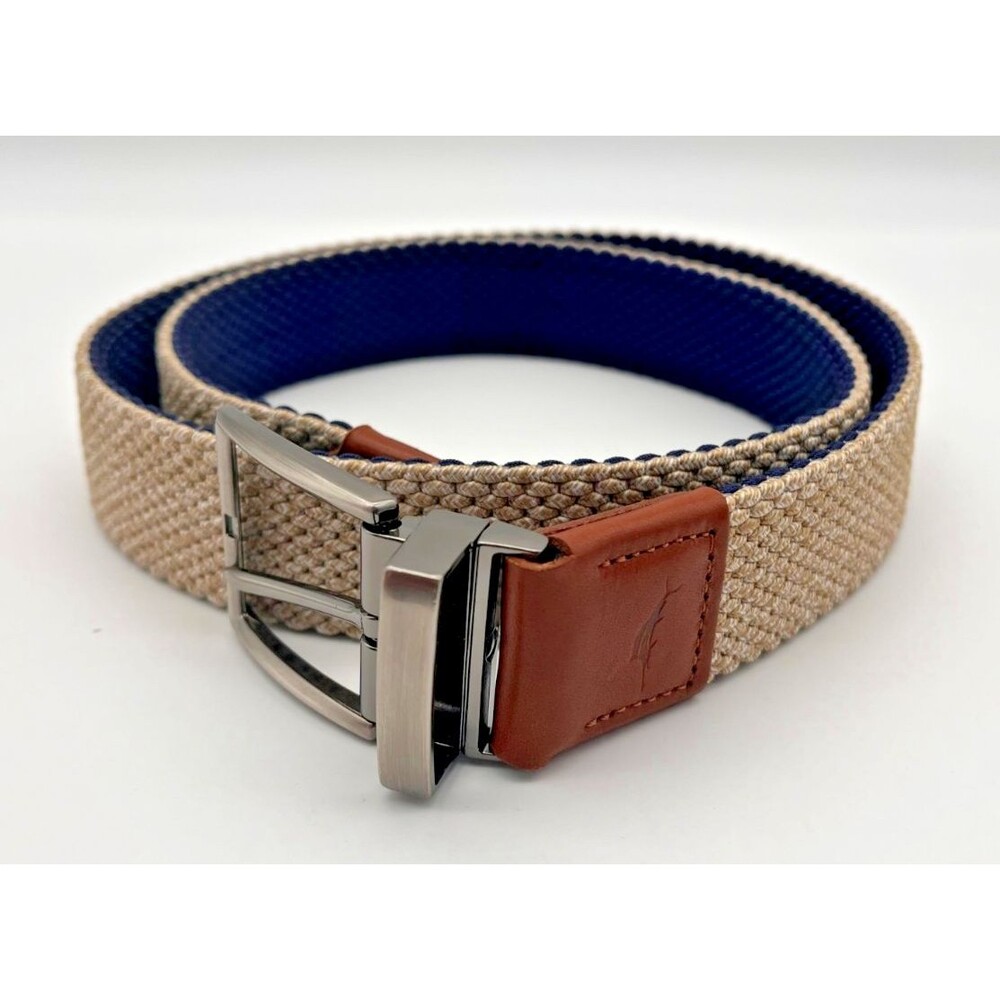 Tommy Bahama Mens Reversible Braided Stretch Belt Woven Blue Khaki Size S/M